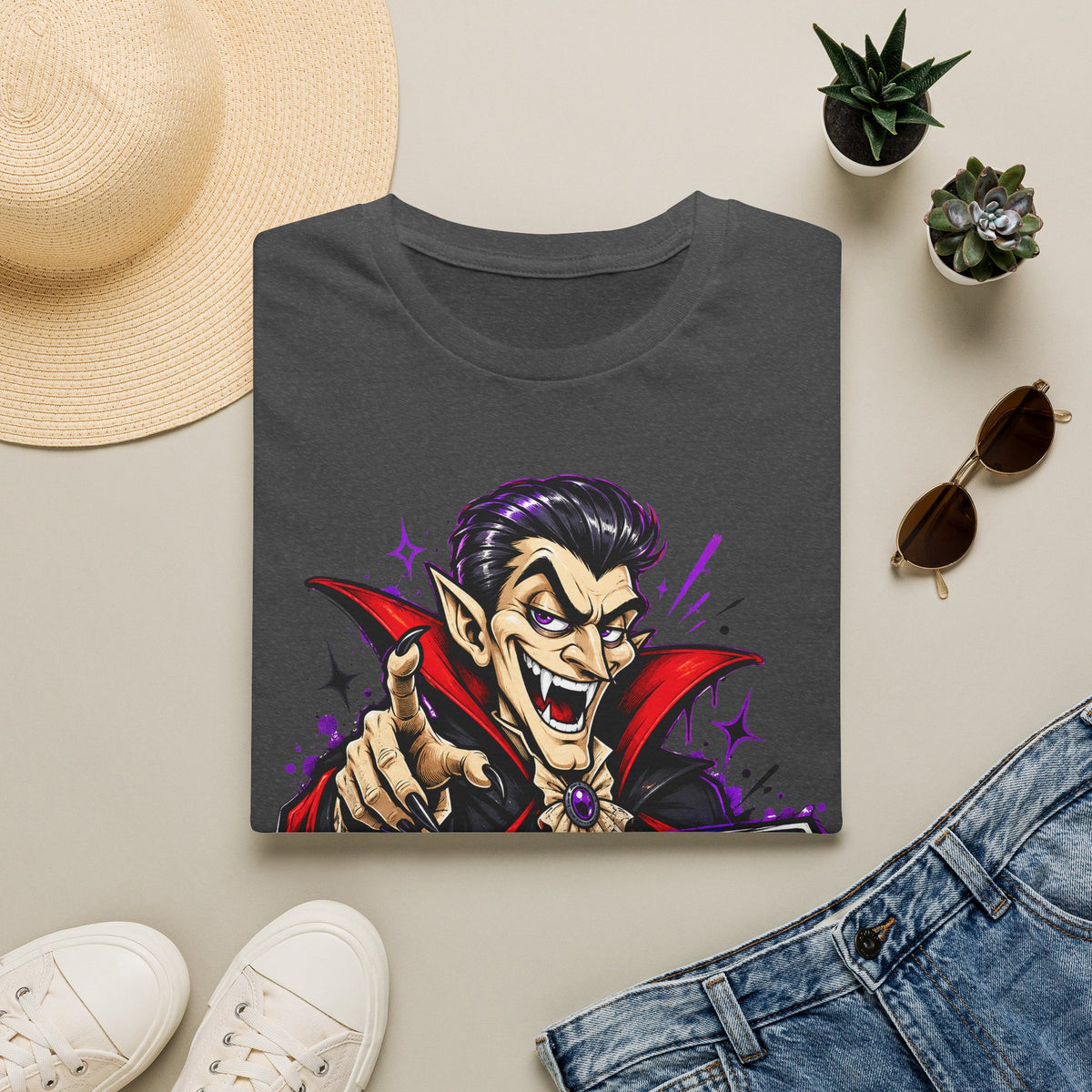 Charcoal gray T-shirt with colorful cartoon vampire pointing graphic