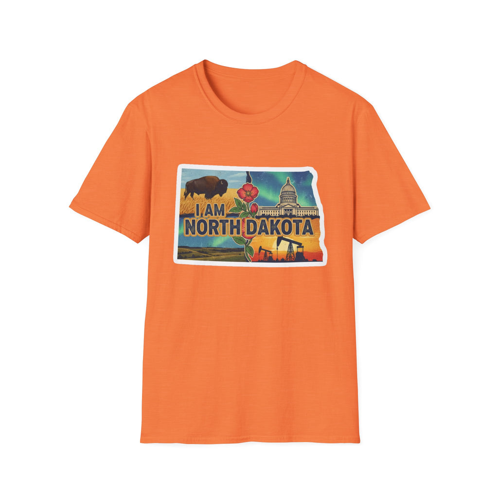 Camiseta naranja North Dakota con bisonte, flores y capitolio en el pecho
