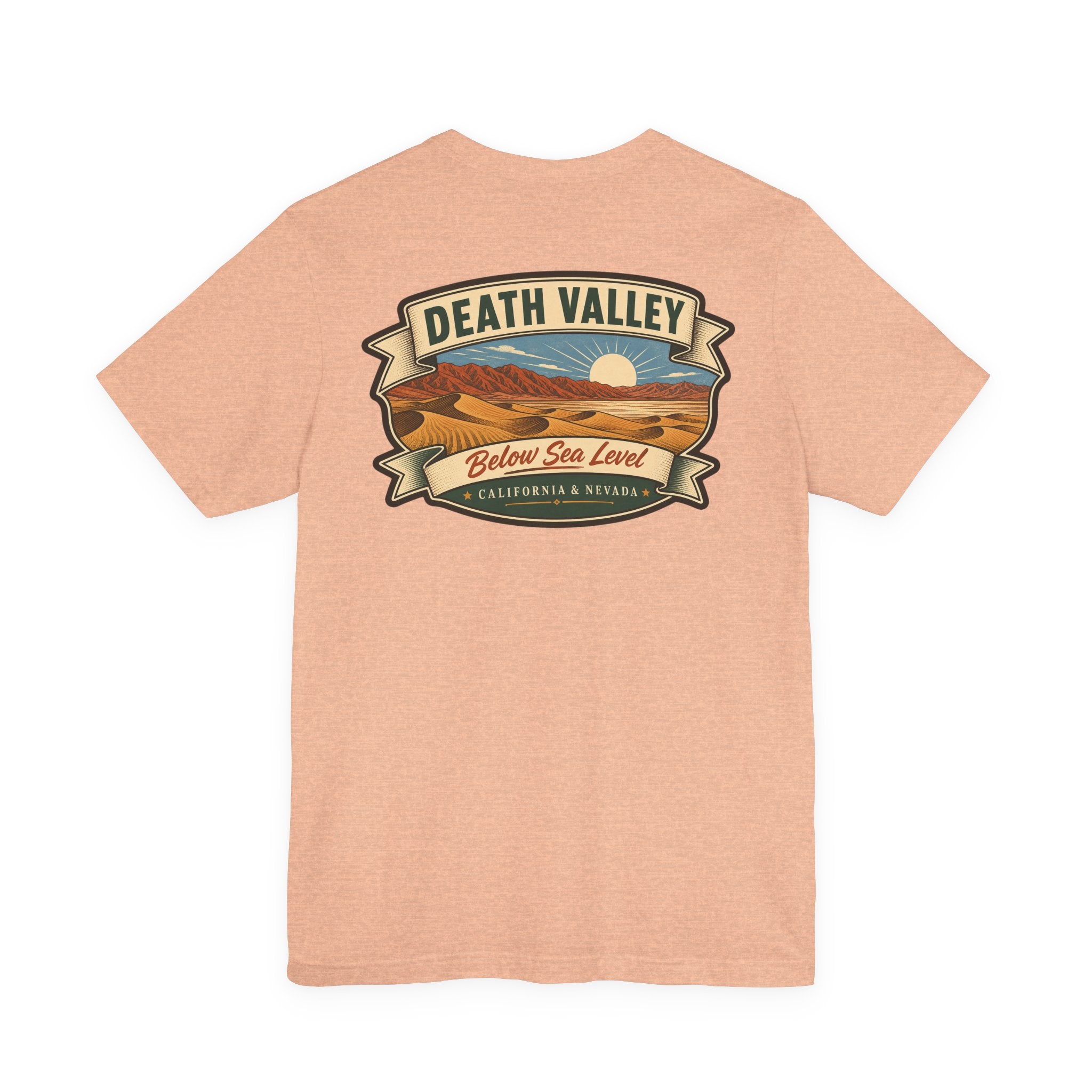 Heather peach T-shirt with Death Valley banner landscape graphic across the chest