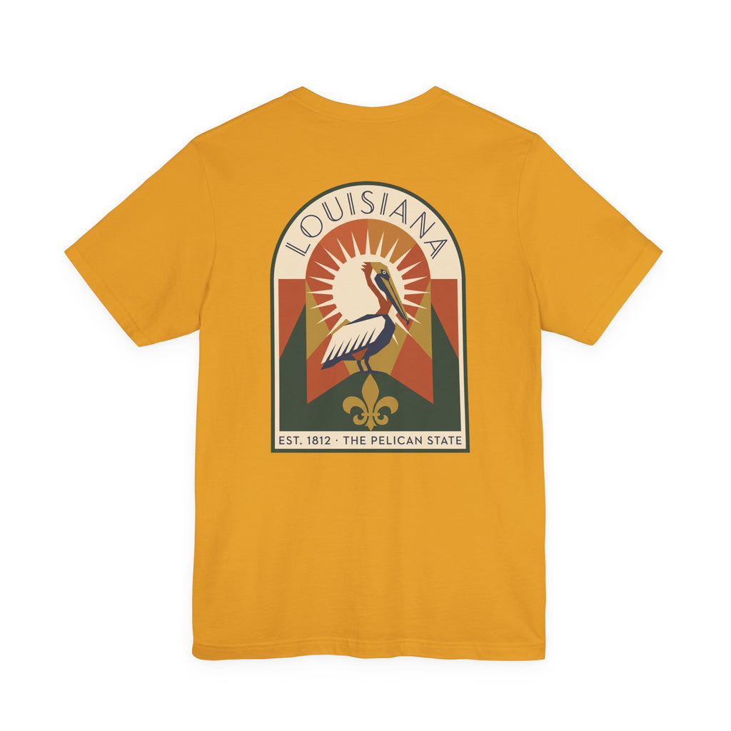 Mustard t-shirt with Louisiana pelican art graphic on chest