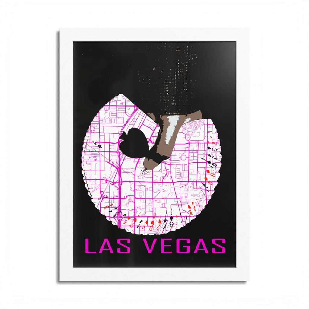 Las Vegas Pinup-Poster: weißer Rahmen, Kartenform, schwarzer Pinup, Magenta „LAS VEGAS“
