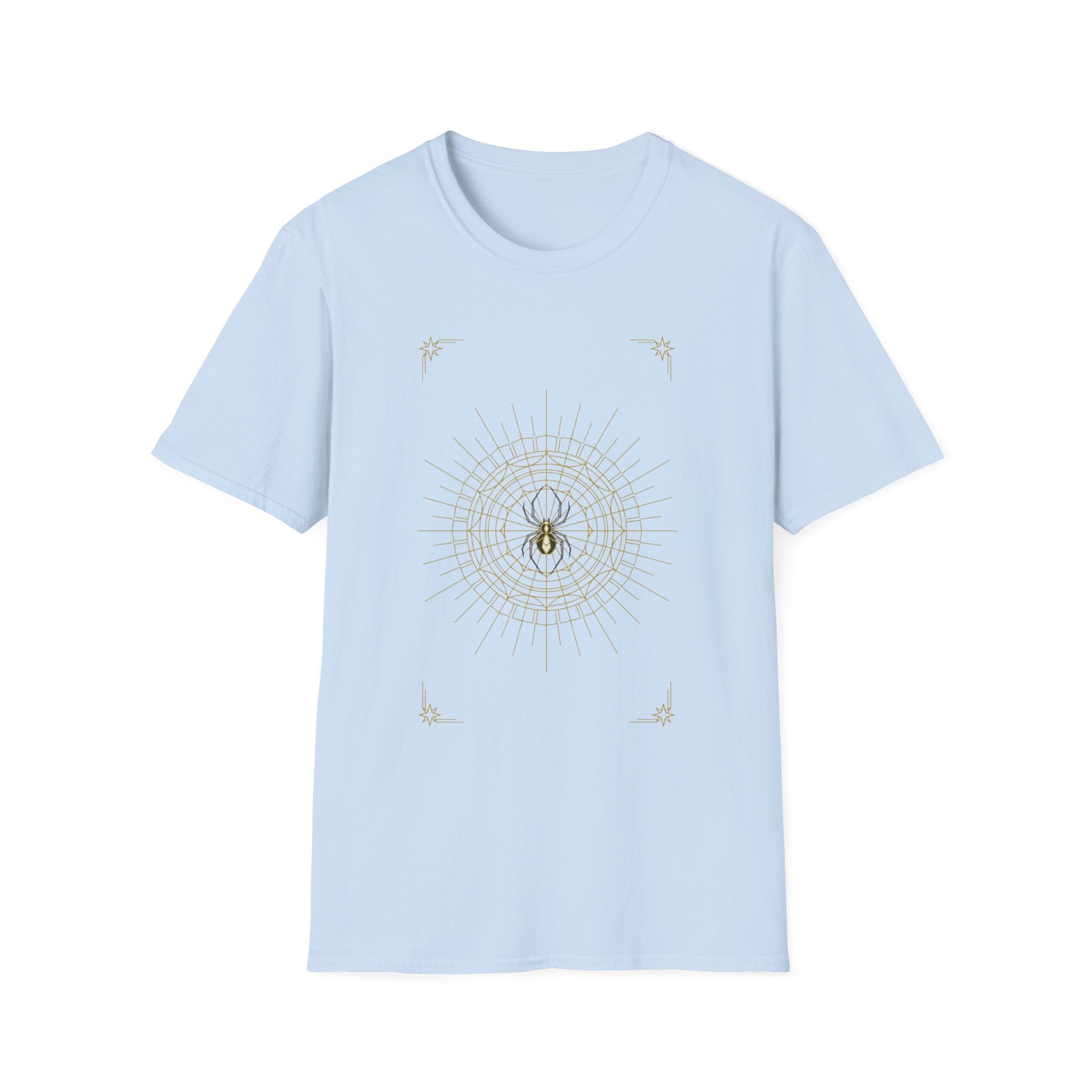 Light blue T-shirt with gold web mandala graphic on the front