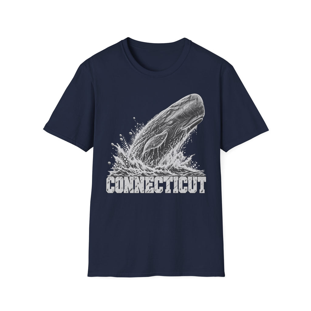 Royal blue t-shirt with breaching whale splash graphic and “Connecticut” wordmark