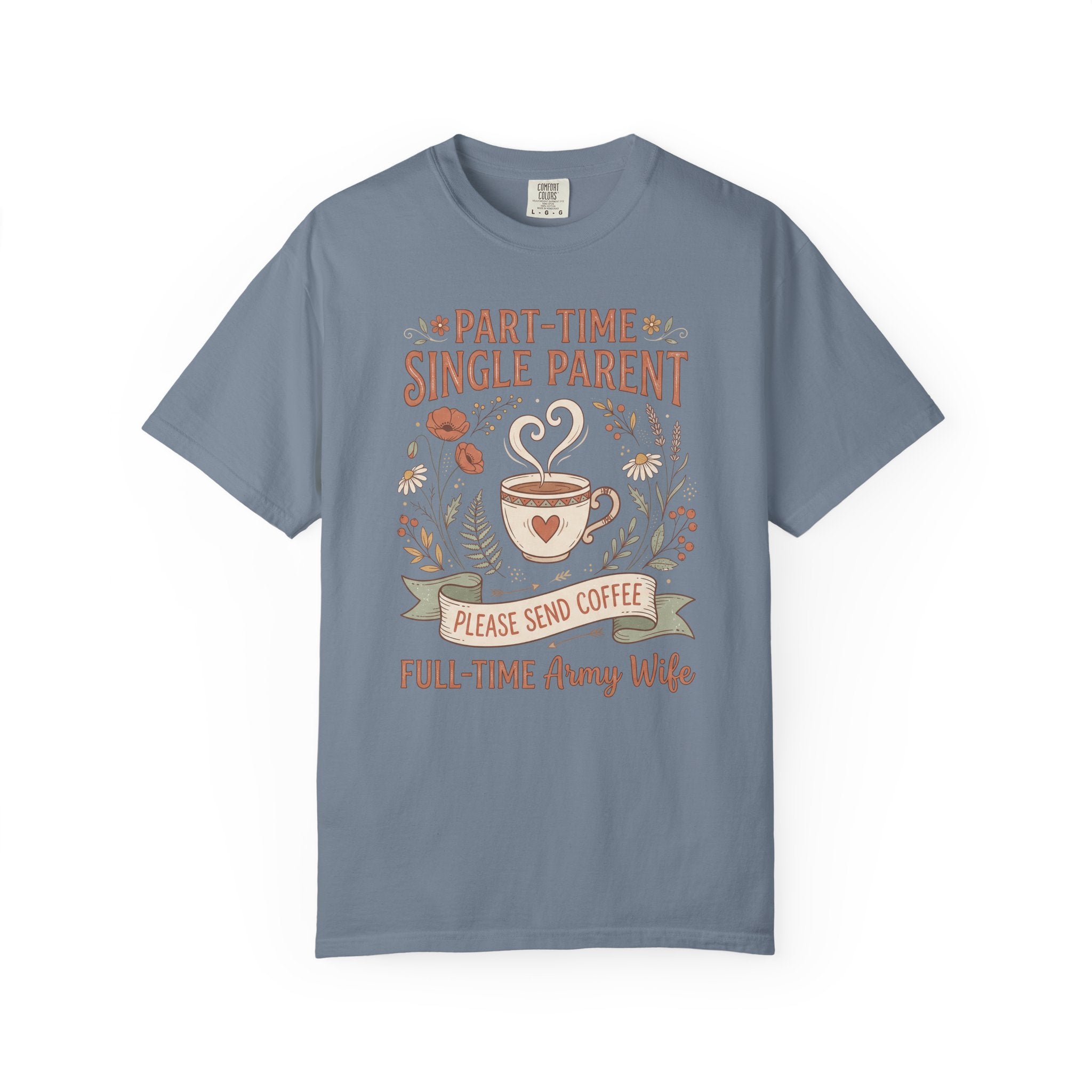 Slate blue t-shirt with coffee and floral text graphic, short sleeves