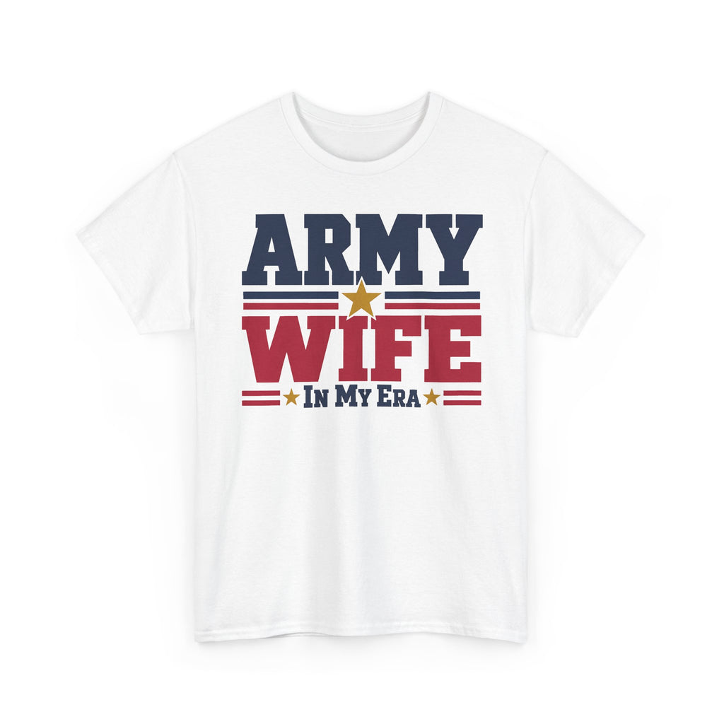 White crewneck graphic t-shirt with retro "Army Wife" patriotic text and star