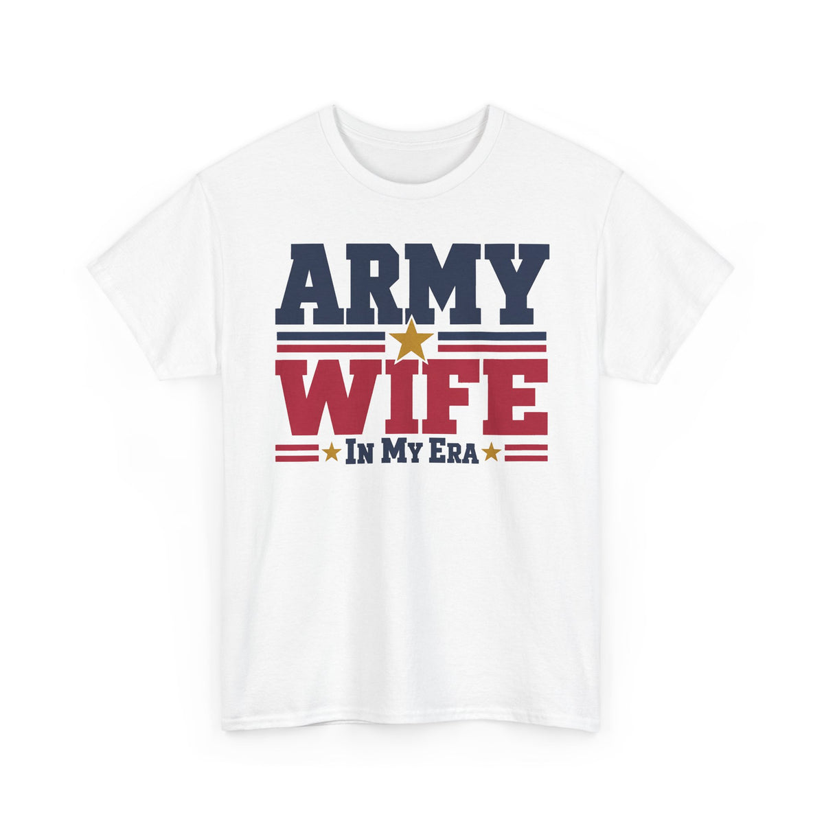 White crewneck graphic t-shirt with retro "Army Wife" patriotic text and star