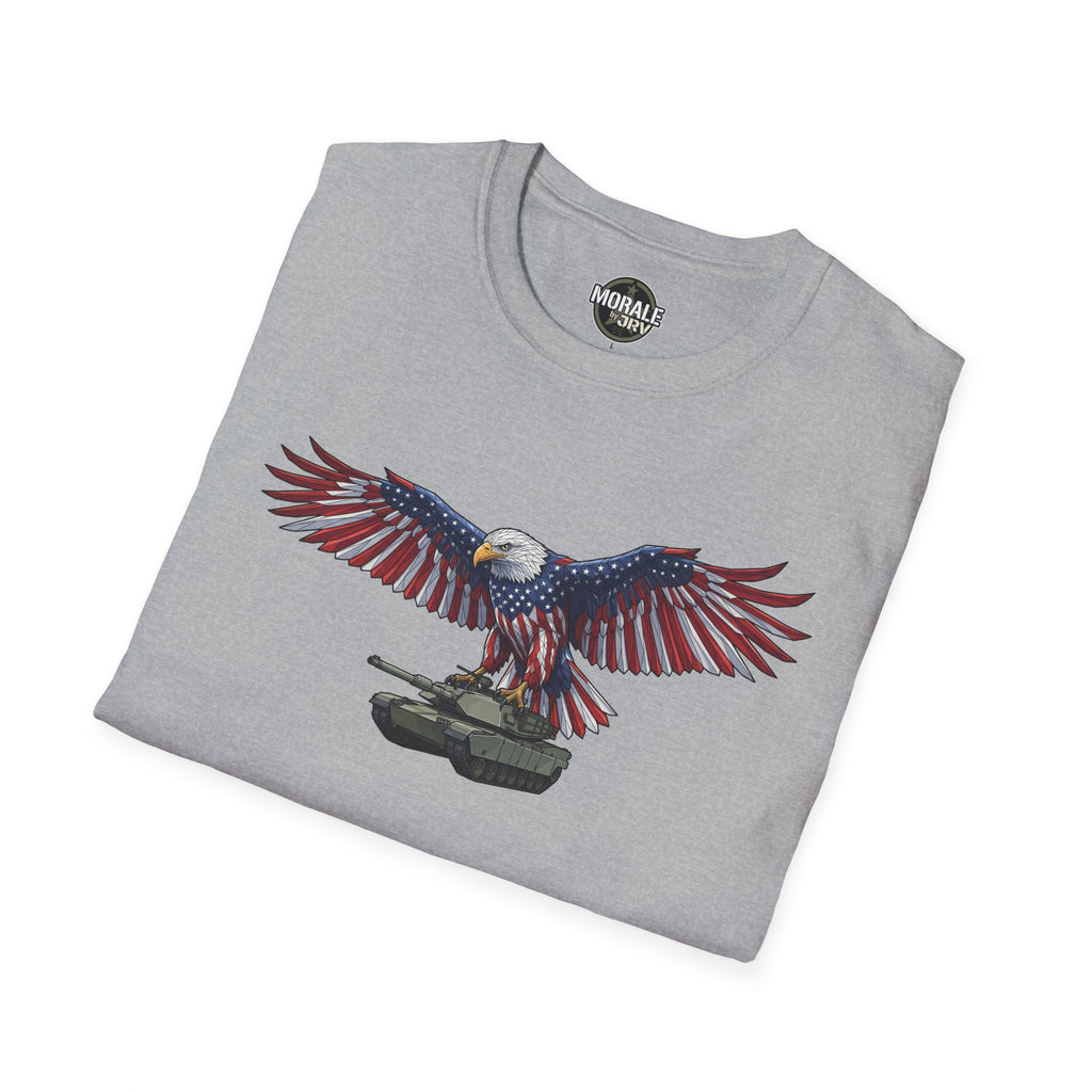 Heather gray tee front: bald eagle spread wings over tank illustration
