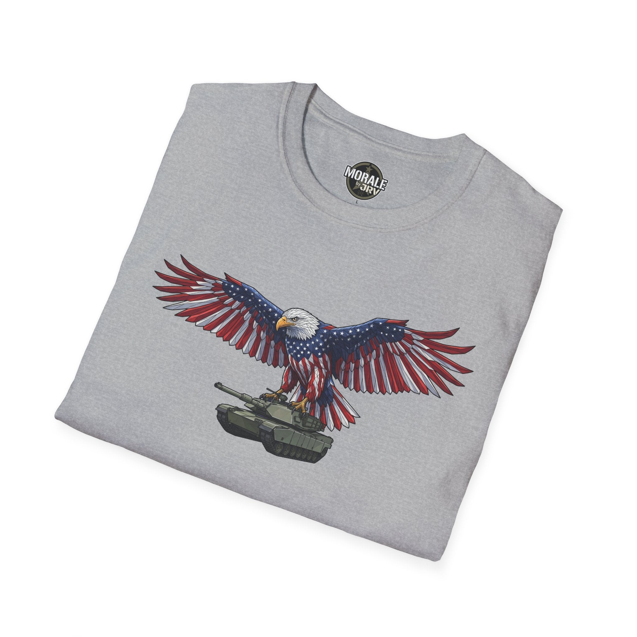 Heather gray tee front: bald eagle spread wings over tank illustration