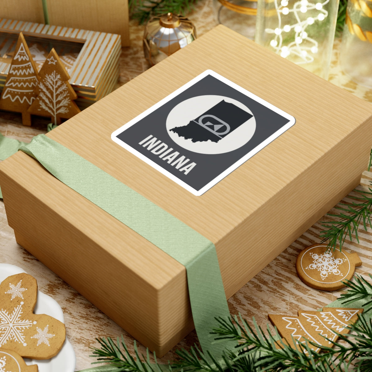 Indiana sticker on gift wrap, black-and-white badge emblem with “INDIANA” text