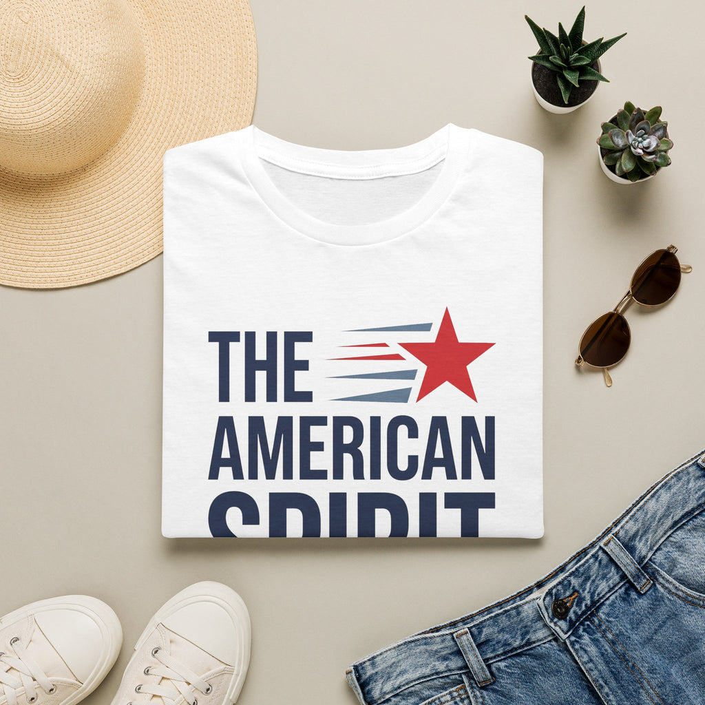 White patriotic T-shirt with 'THE AMERICAN SPIRIT' graphic and red star