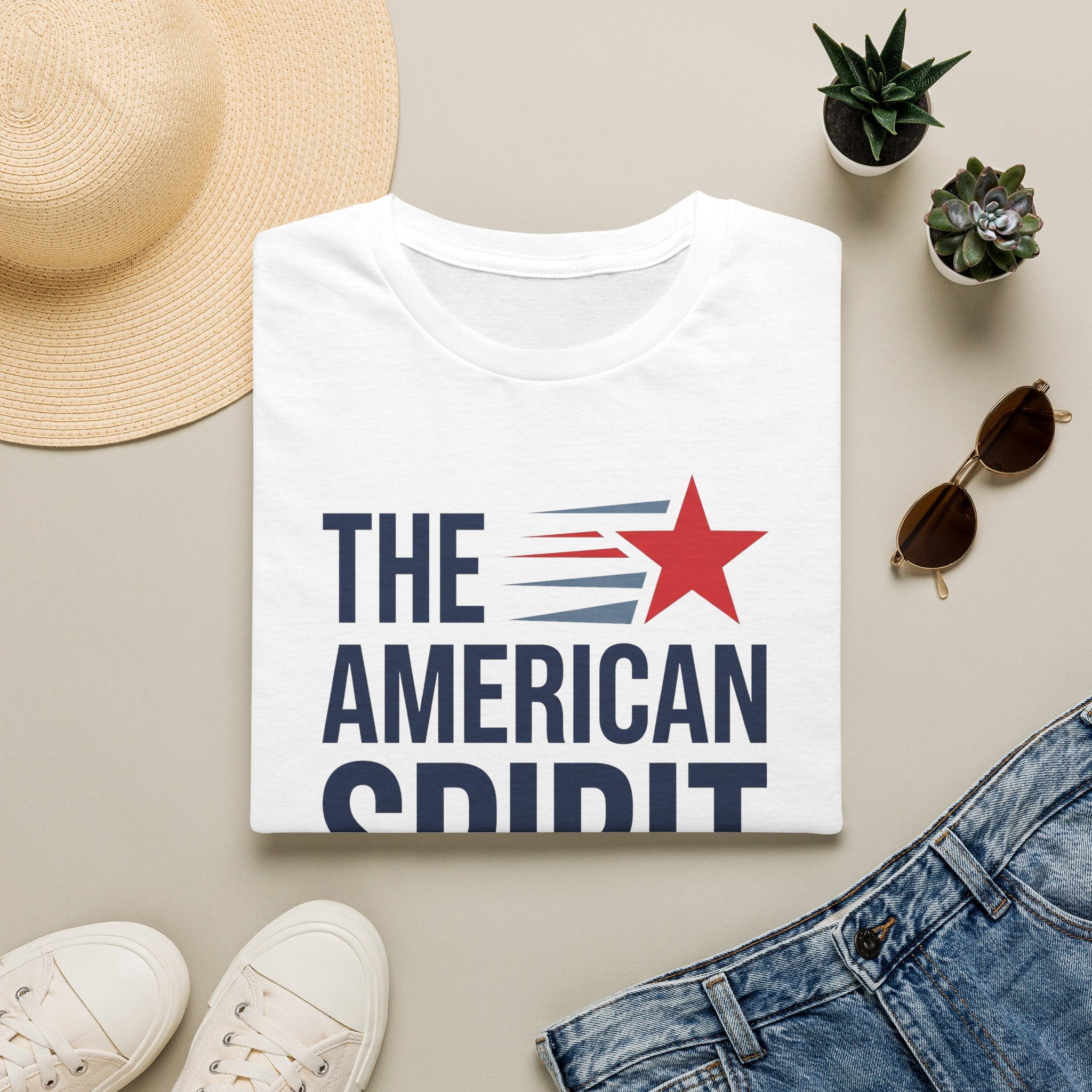 White patriotic T-shirt with 'THE AMERICAN SPIRIT' graphic and red star