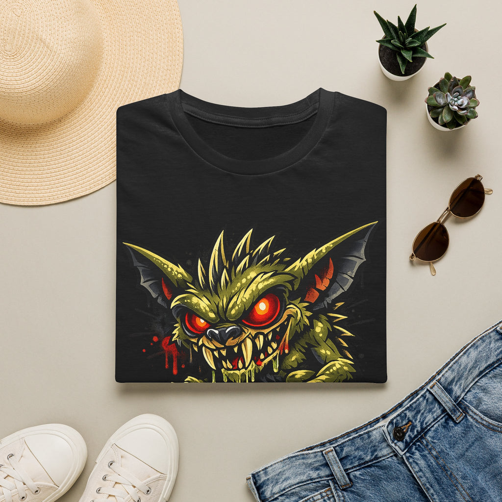 Black unisex crewneck T-shirt, snarling skull graphic with red glowing eyes