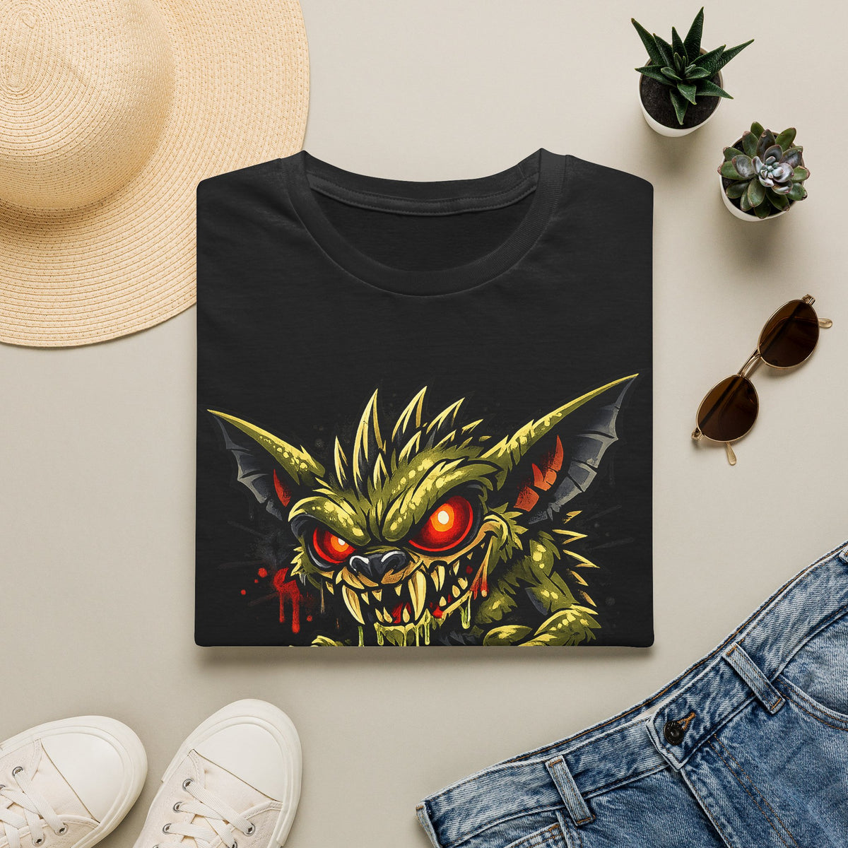 Black unisex crewneck T-shirt, snarling skull graphic with red glowing eyes