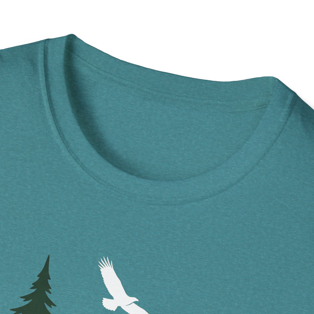 Teal T-shirt neckline with partial white soaring bird graphic