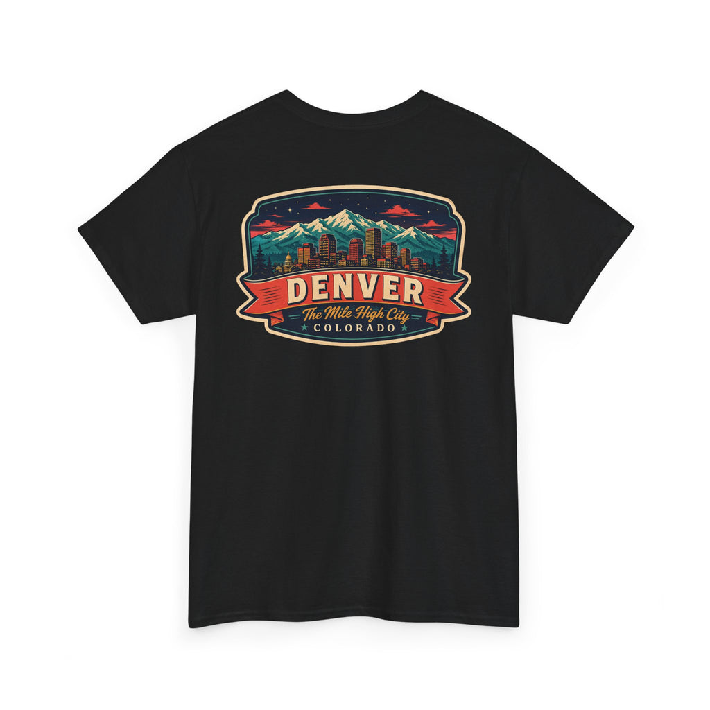 Black T-shirt with Denver city badge graphic on chest
