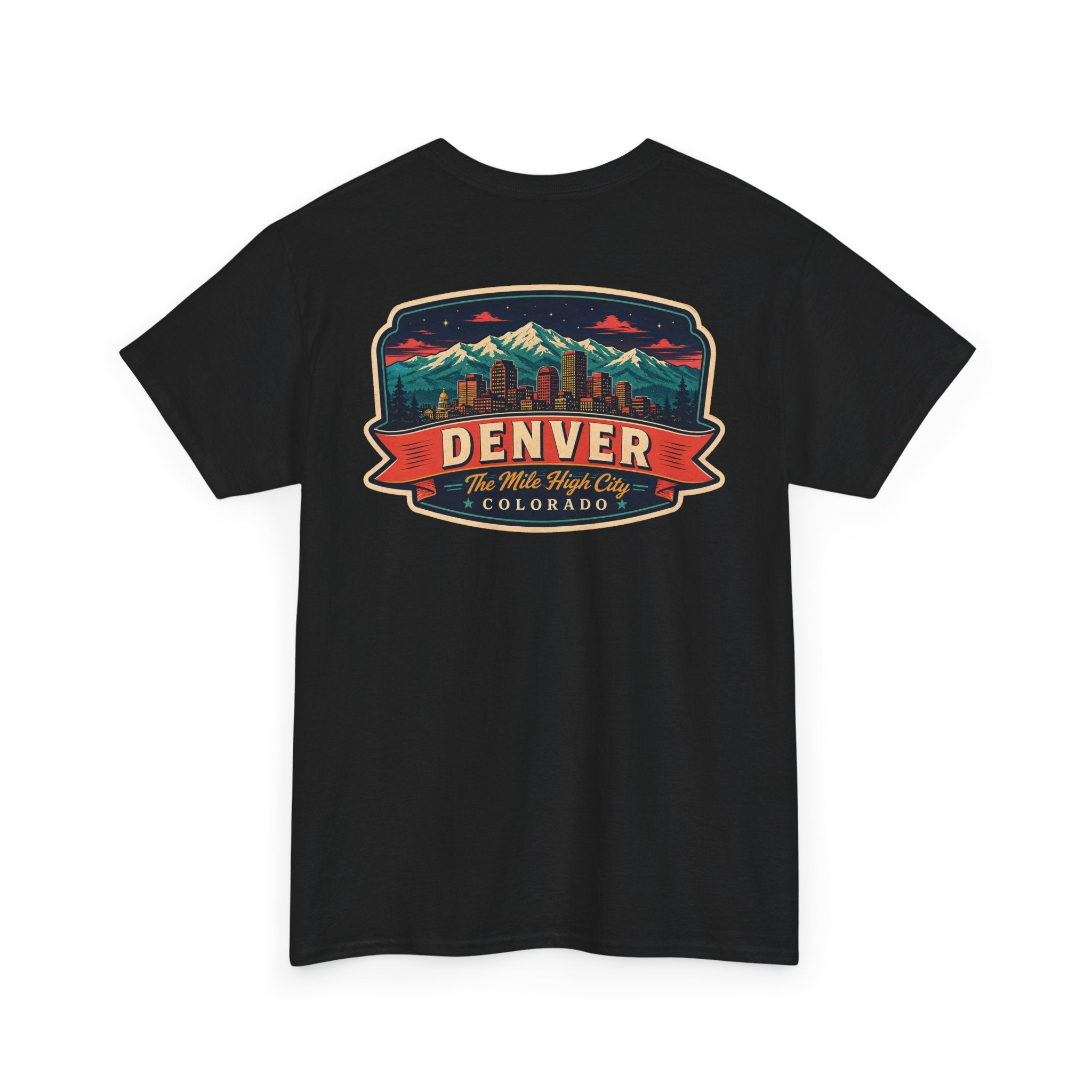 Black T-shirt with Denver city badge graphic on chest