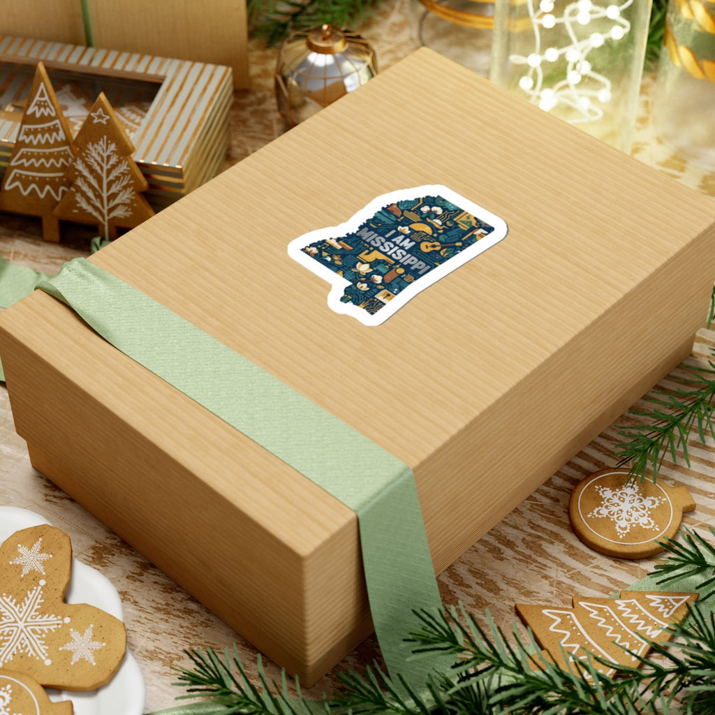 Mississippi “I AM MISSISSIPPI” sticker on wrapped gift, blue circuit/floral artwork, white rim