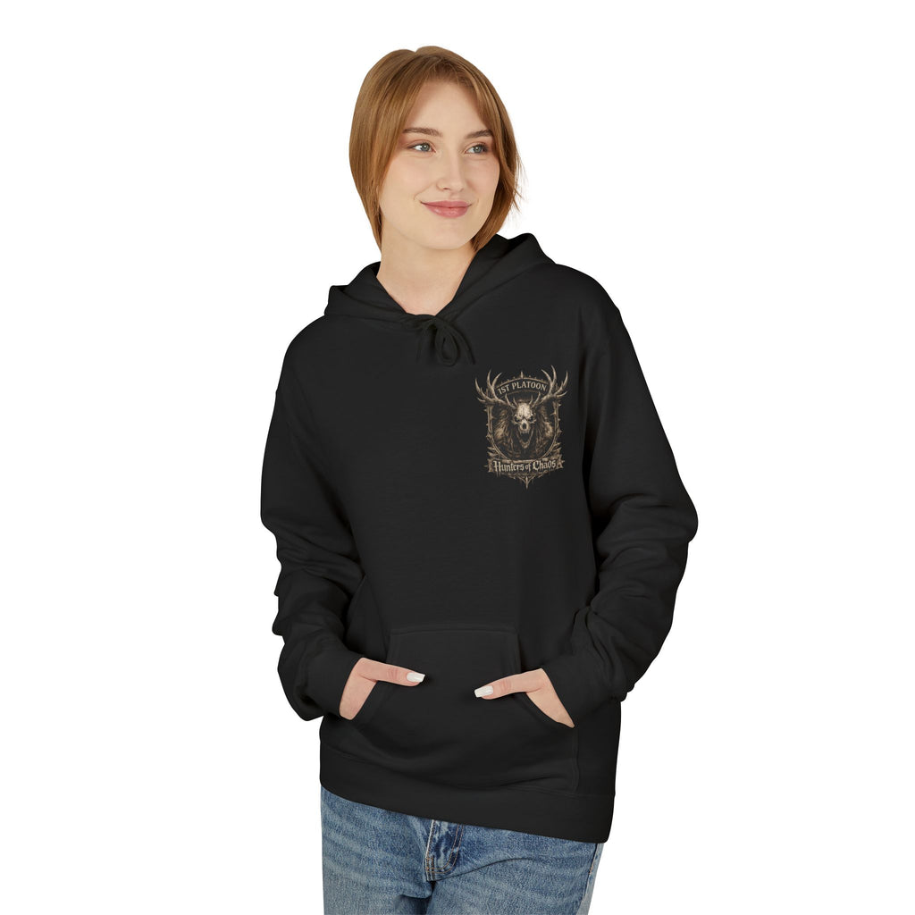Black cotton hoodie on model, front logo graphic and kangaroo pocket