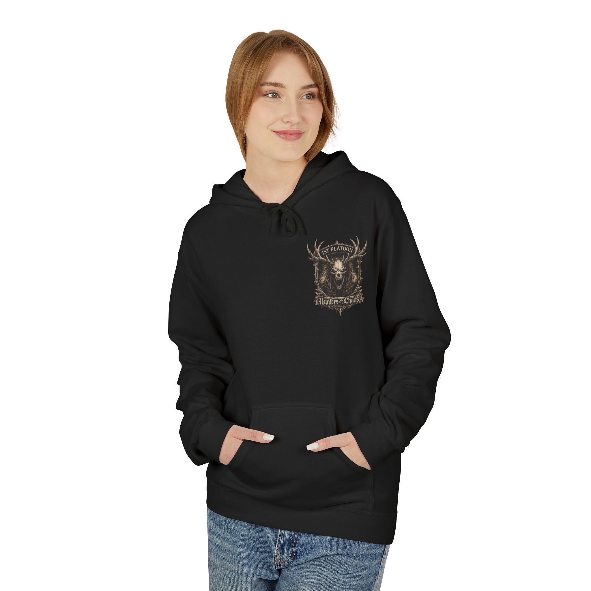 Black cotton hoodie on model, front logo graphic and kangaroo pocket