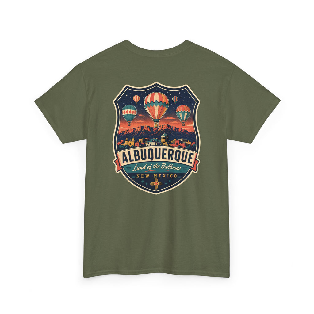 Military green T-shirt with Albuquerque hot air balloon badge graphic on chest