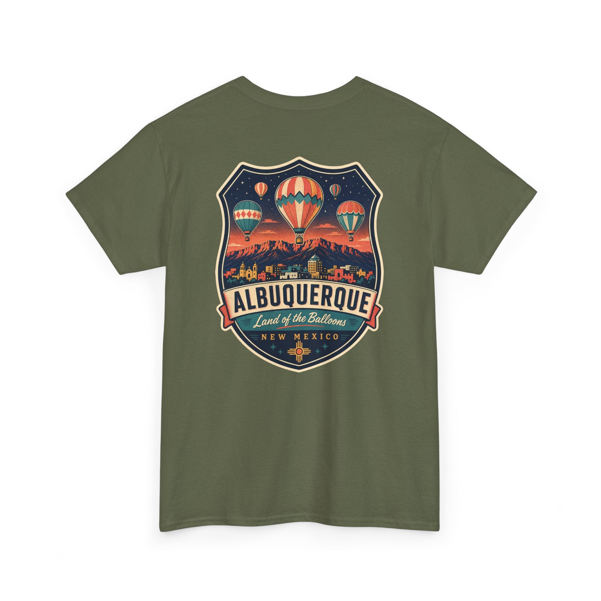Military green T-shirt with Albuquerque hot air balloon badge graphic on chest