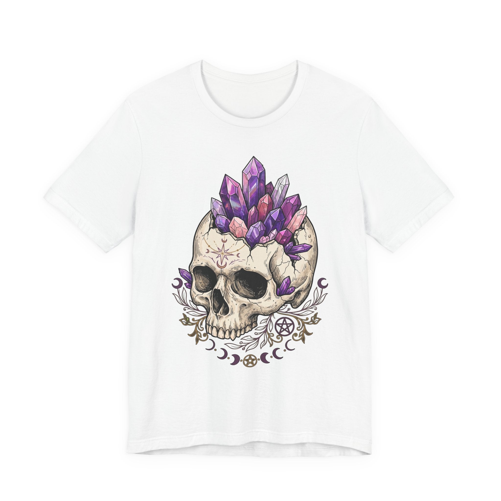 White unisex T-shirt with amethyst crystal skull graphic on the front