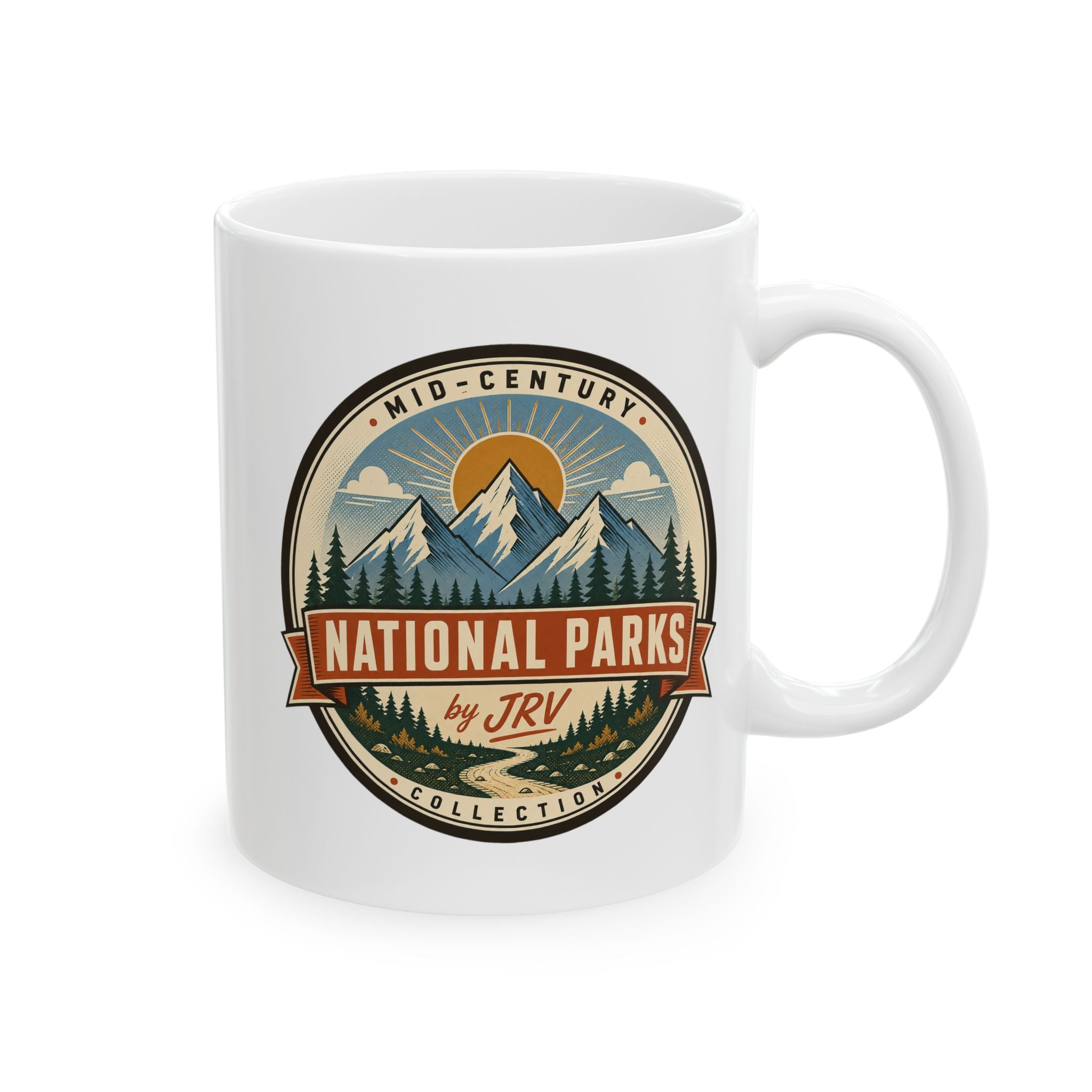 White ceramic mug with handle and Mid-Century National Parks emblem