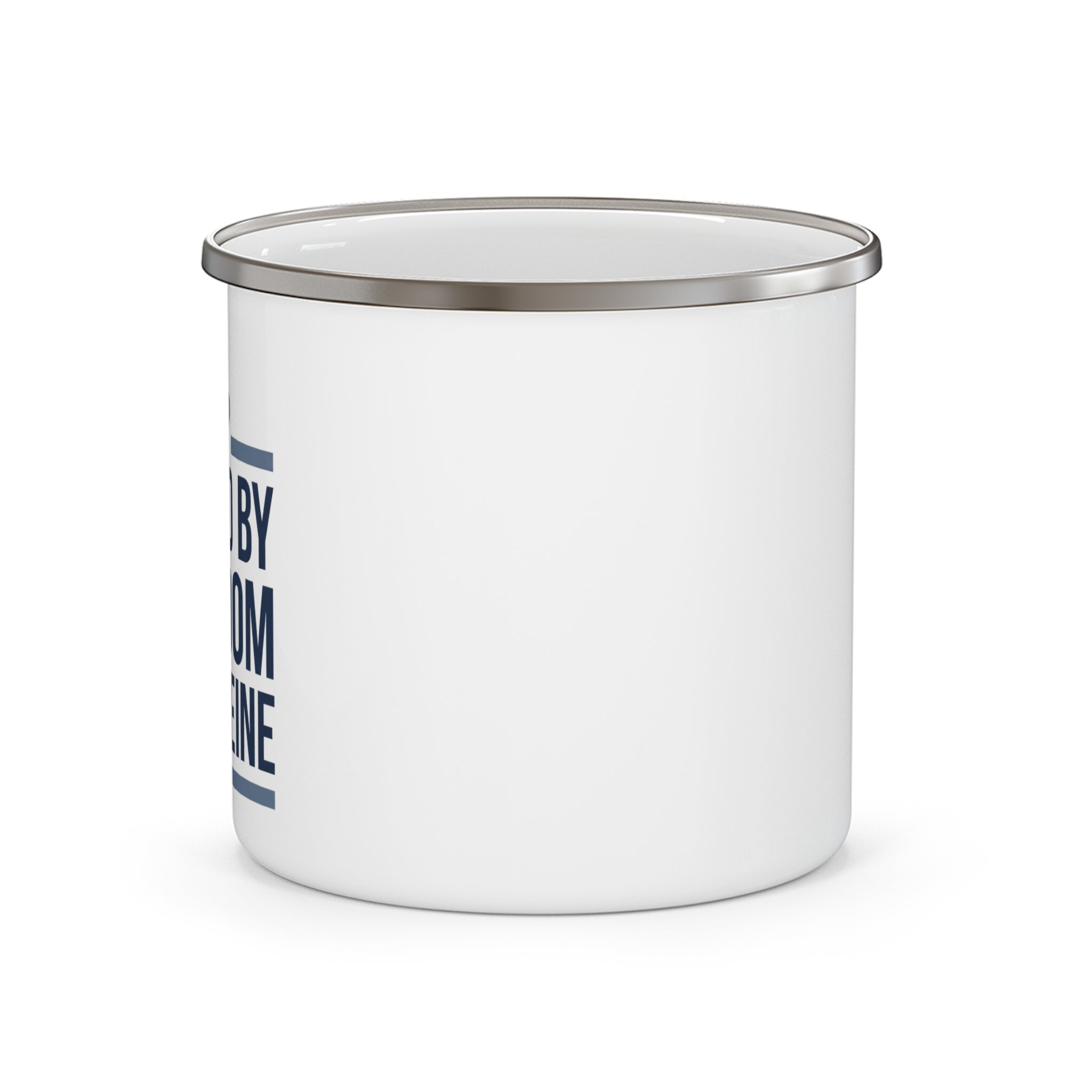 White enamel camping mug, side view with partial blue patriotic text graphic