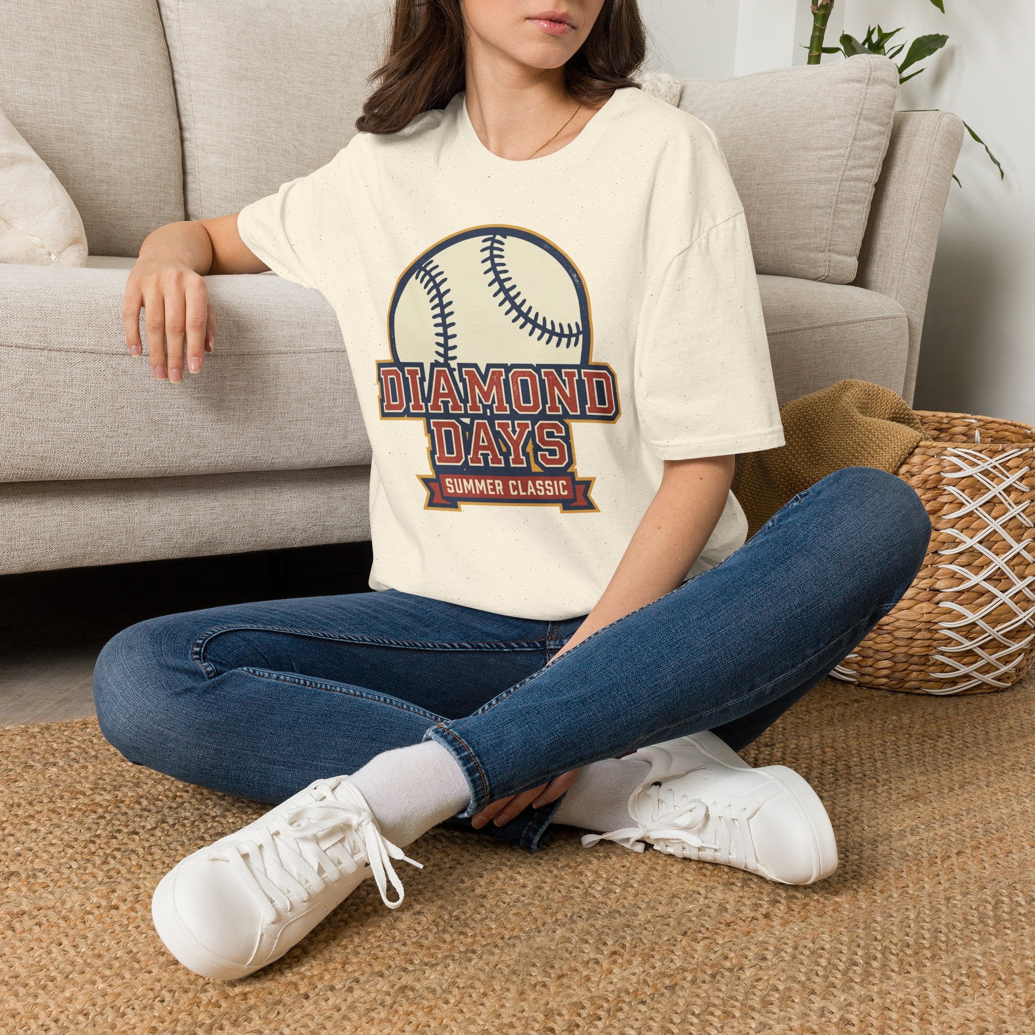 Cream baseball graphic T-shirt with 'Diamond Days' baseball emblem on chest.