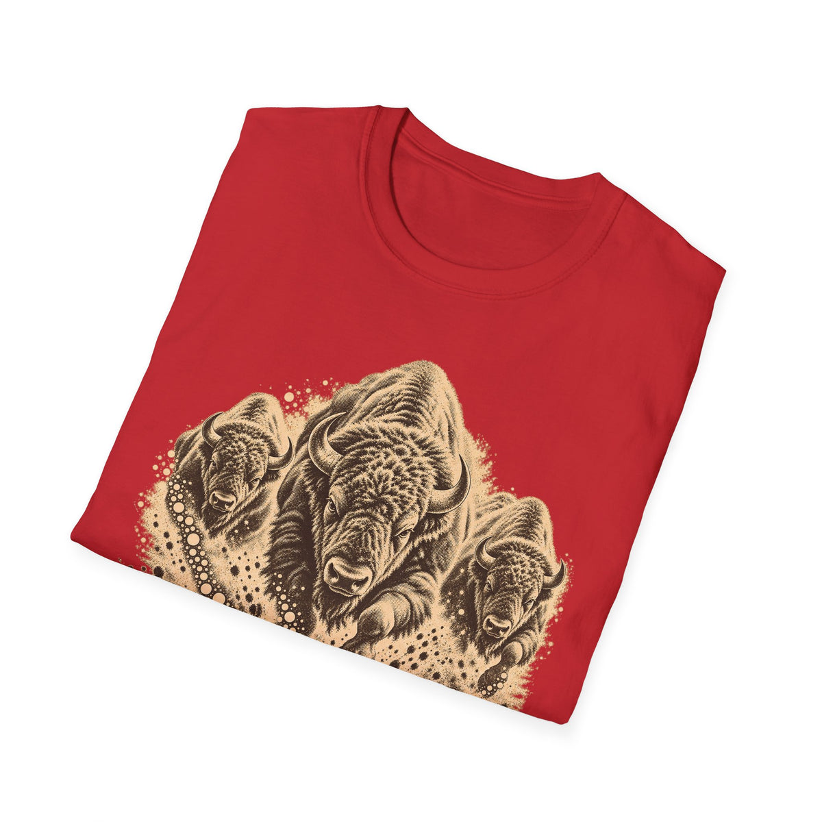 Red crewneck t-shirt with large bison herd graphic across chest