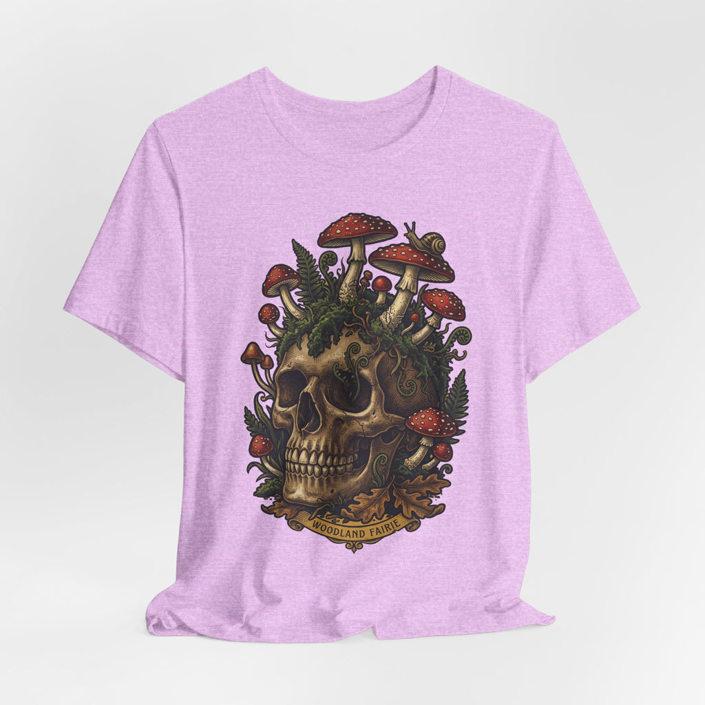 Mushroom skull T-shirt front, lilac heather with mushroom skull and woodland graphic