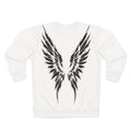 White sweatshirt with black angel wing graphic on the chest