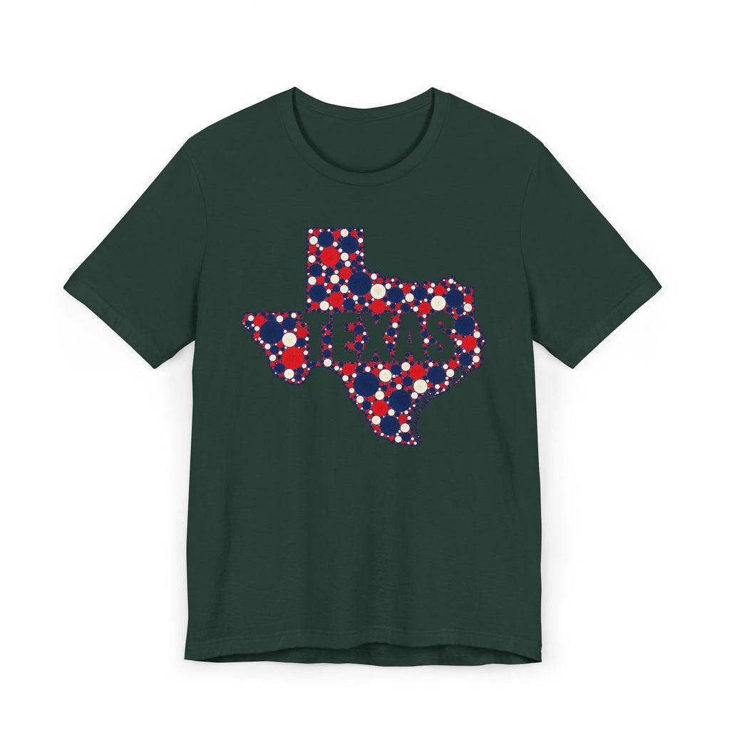 Dark green Texas map graphic T-shirt with polka dot outline and “TEXAS” text