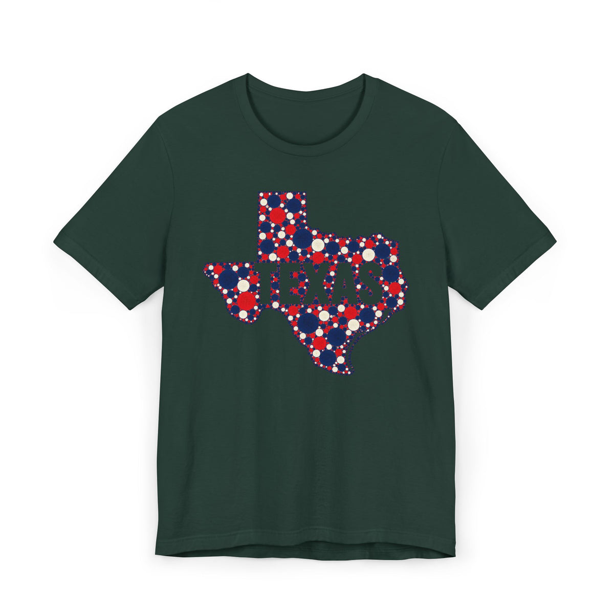 Dark green Texas map graphic T-shirt with polka dot outline and “TEXAS” text