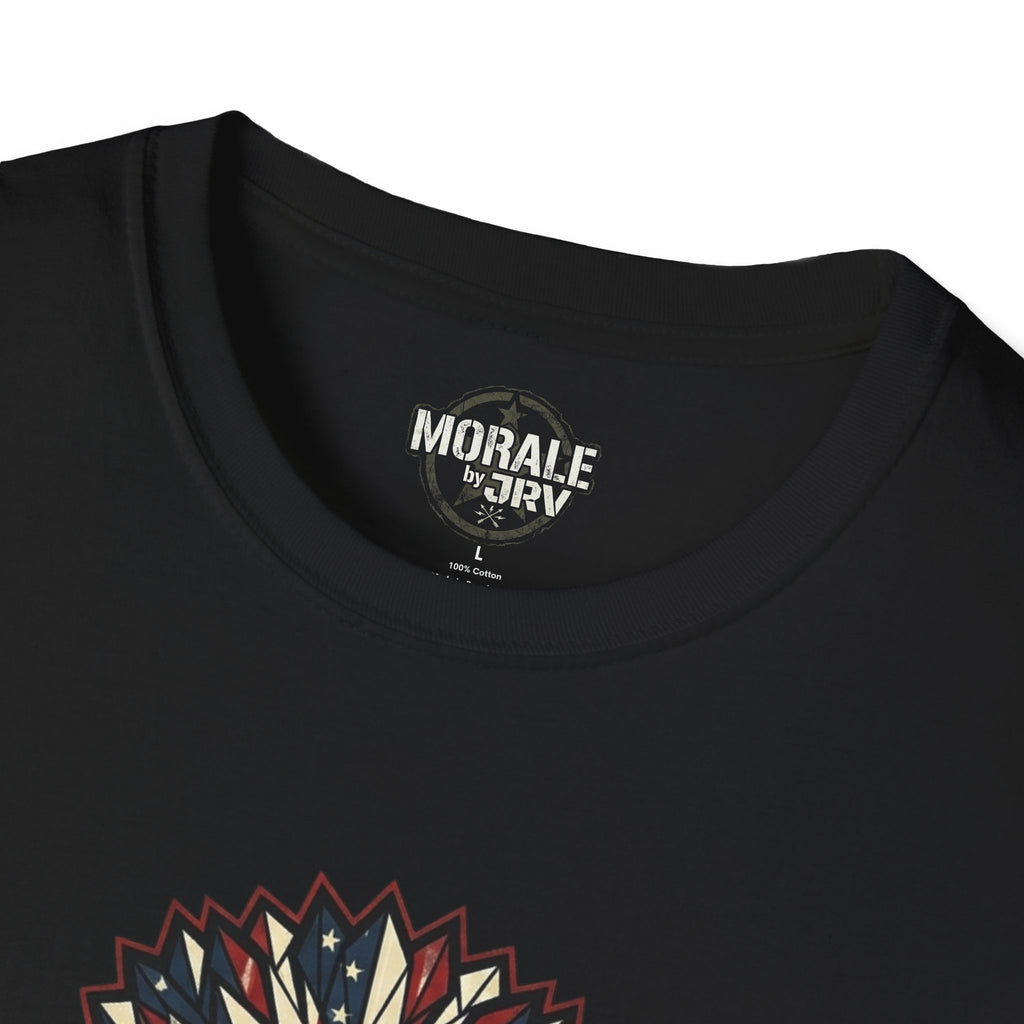 Black T-shirt neckline with small inner neck label and top of eagle graphic