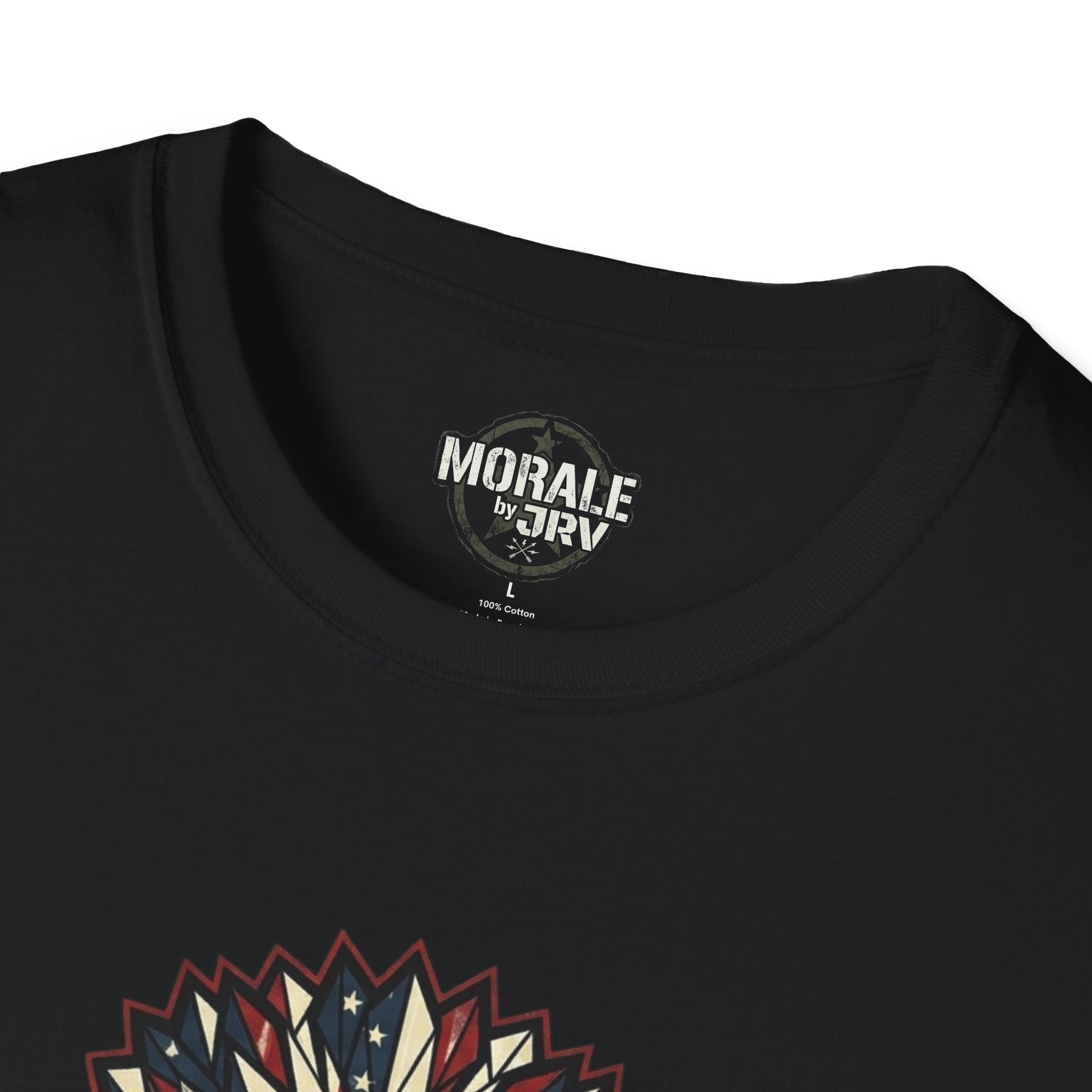 Black T-shirt neckline with small inner neck label and top of eagle graphic