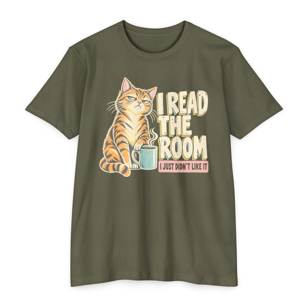 Olive green crew-neck short-sleeve cat T-shirt with “I Read the Room” graphic and mug