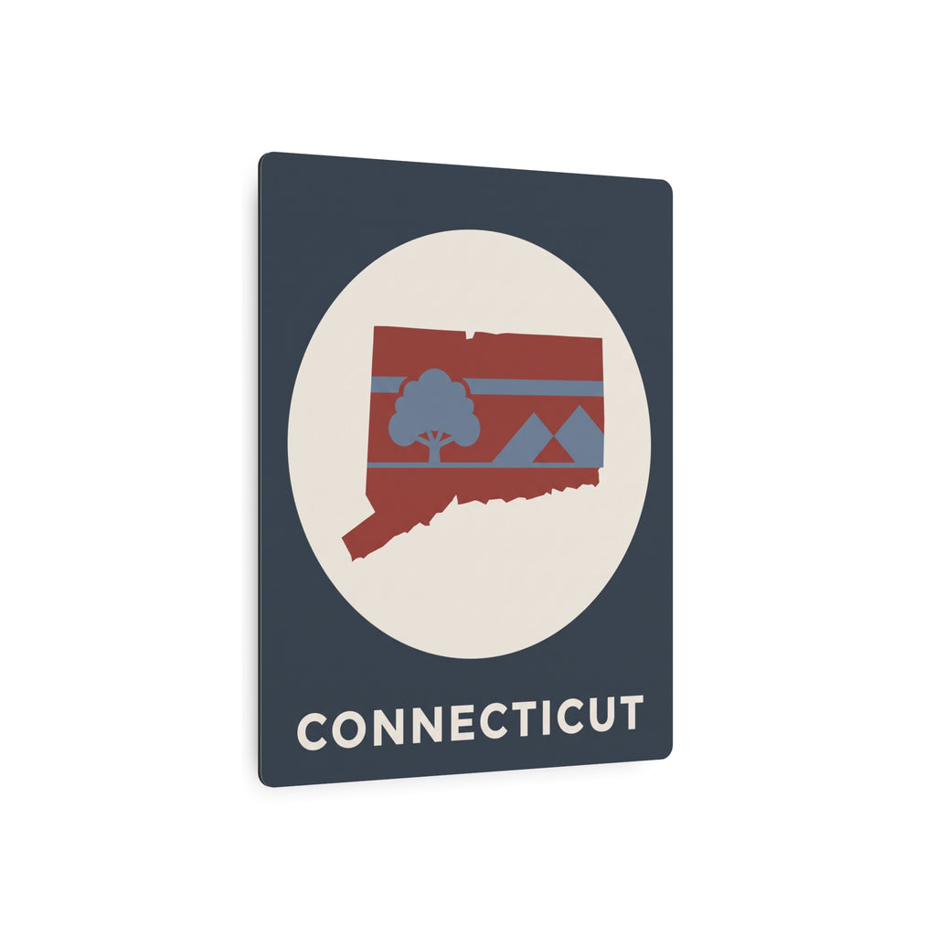 Connecticut metal wall sign with retro circular emblem and 'CONNECTICUT' lettering, dark blue