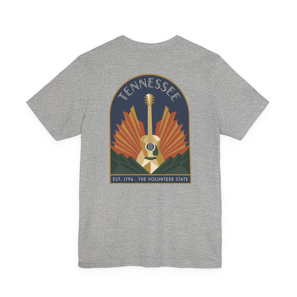 Heather gray crew-neck T-shirt with Tennessee guitar art graphic on chest