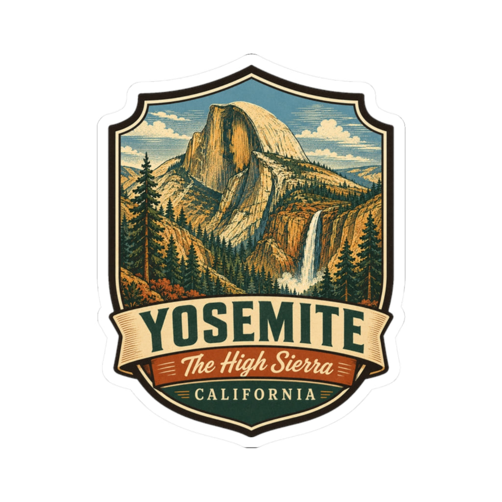 Yosemite National Park sticker, Half Dome trees and California banner, shield outline