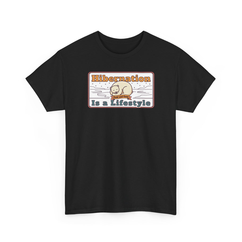 Black T-shirt with crew neck; front sloth lifestyle graphic in rectangular frame