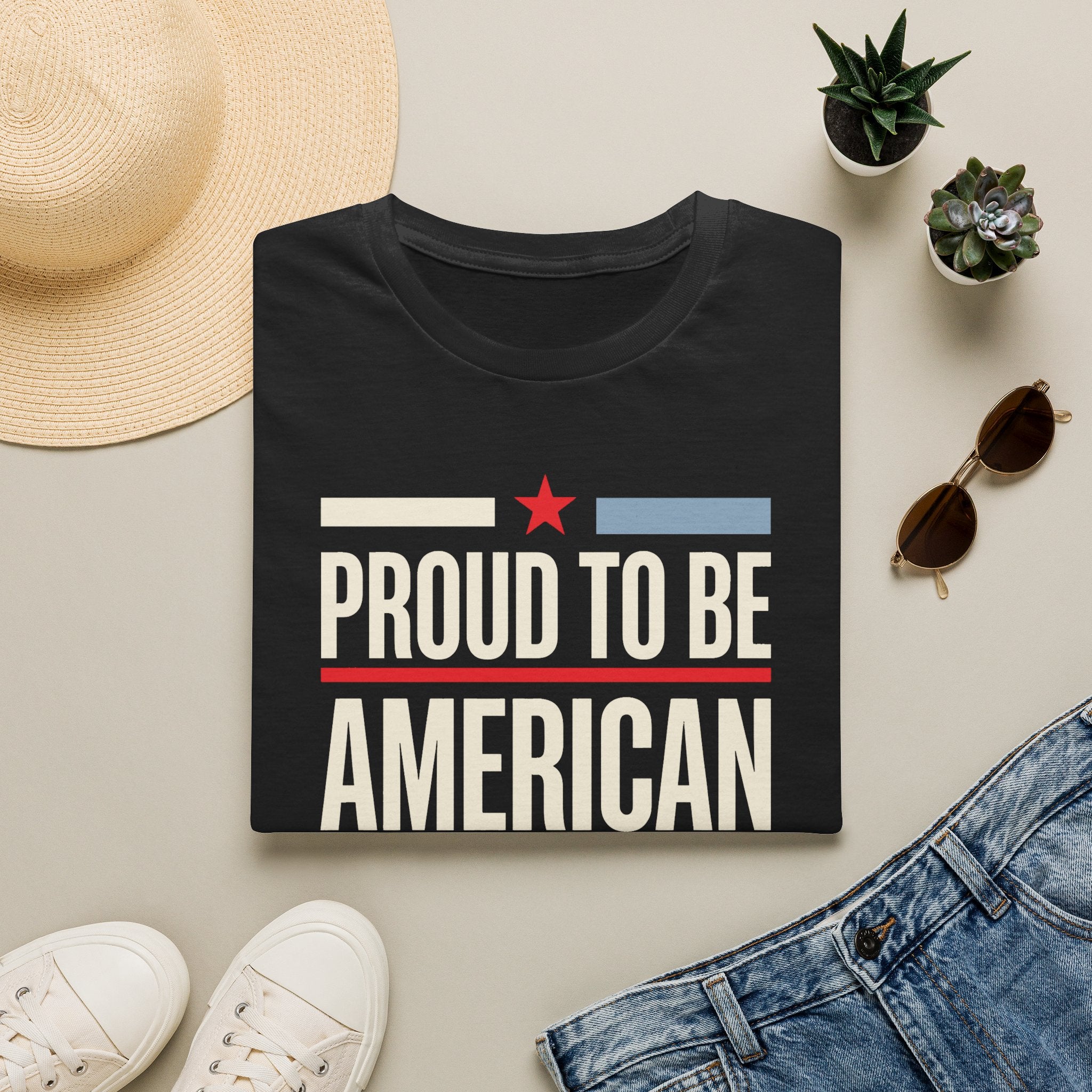 Patriotic T-shirt, dark gray, 'Proud To Be American' star-and-stripe front graphic