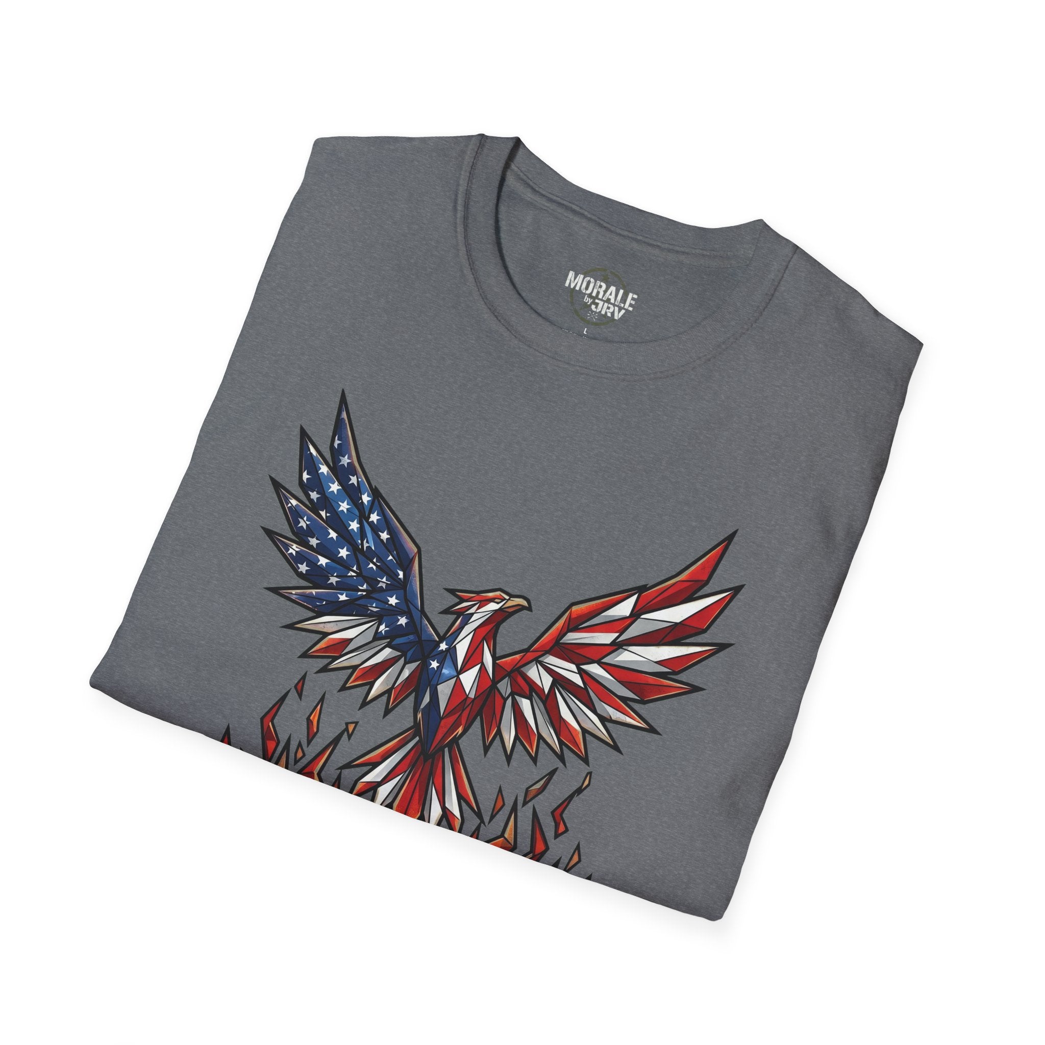 Dark Heather T-shirt with geometric eagle graphic in red, white, and blue