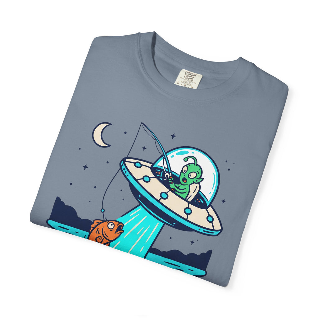 Slate blue t-shirt with alien fishing saucer graphic and moon stars