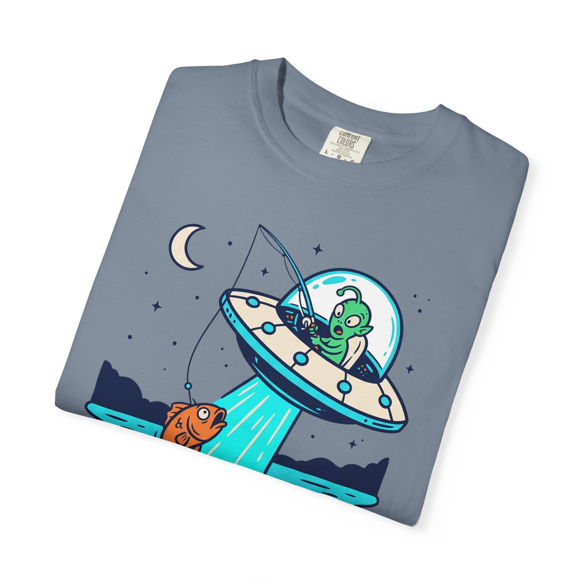 Slate blue t-shirt with alien fishing saucer graphic and moon stars