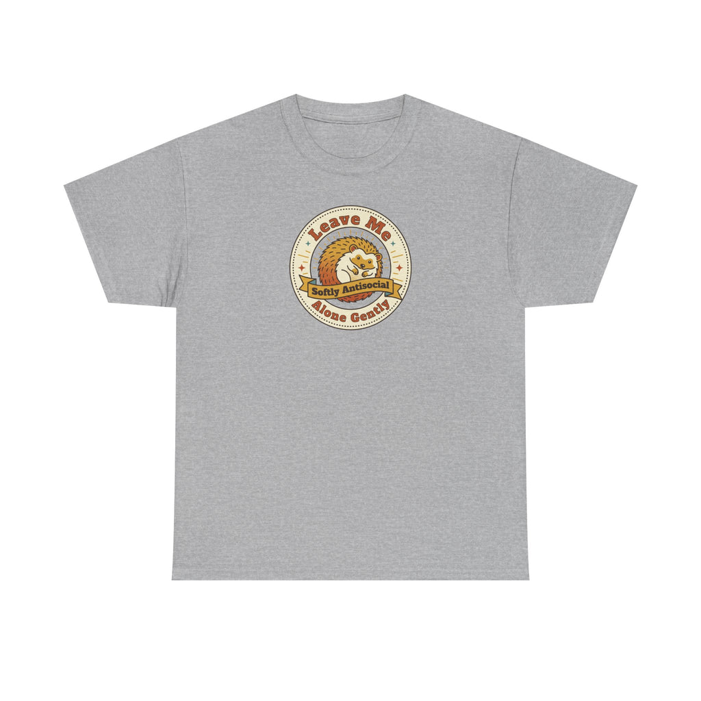 Light gray T-shirt with circular graphic emblem at chest