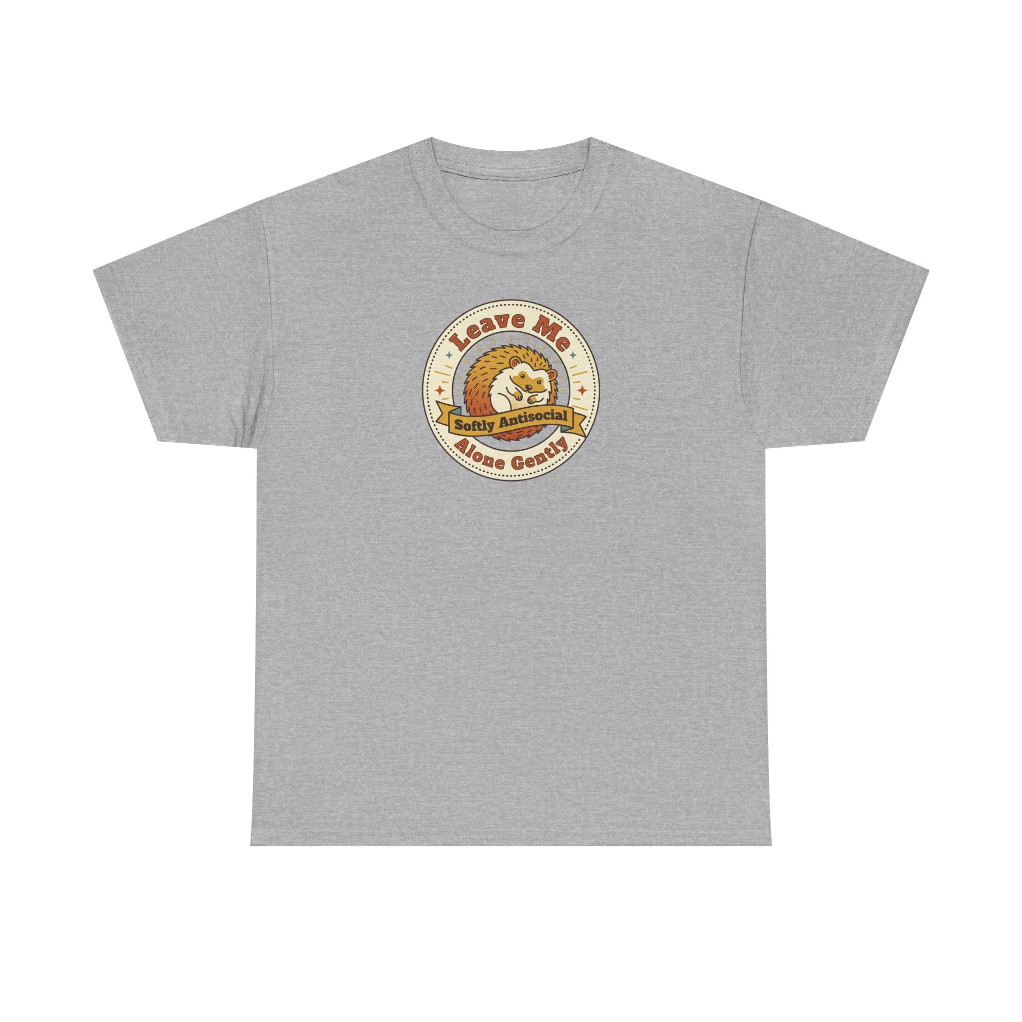 Light gray T-shirt with circular graphic emblem at chest