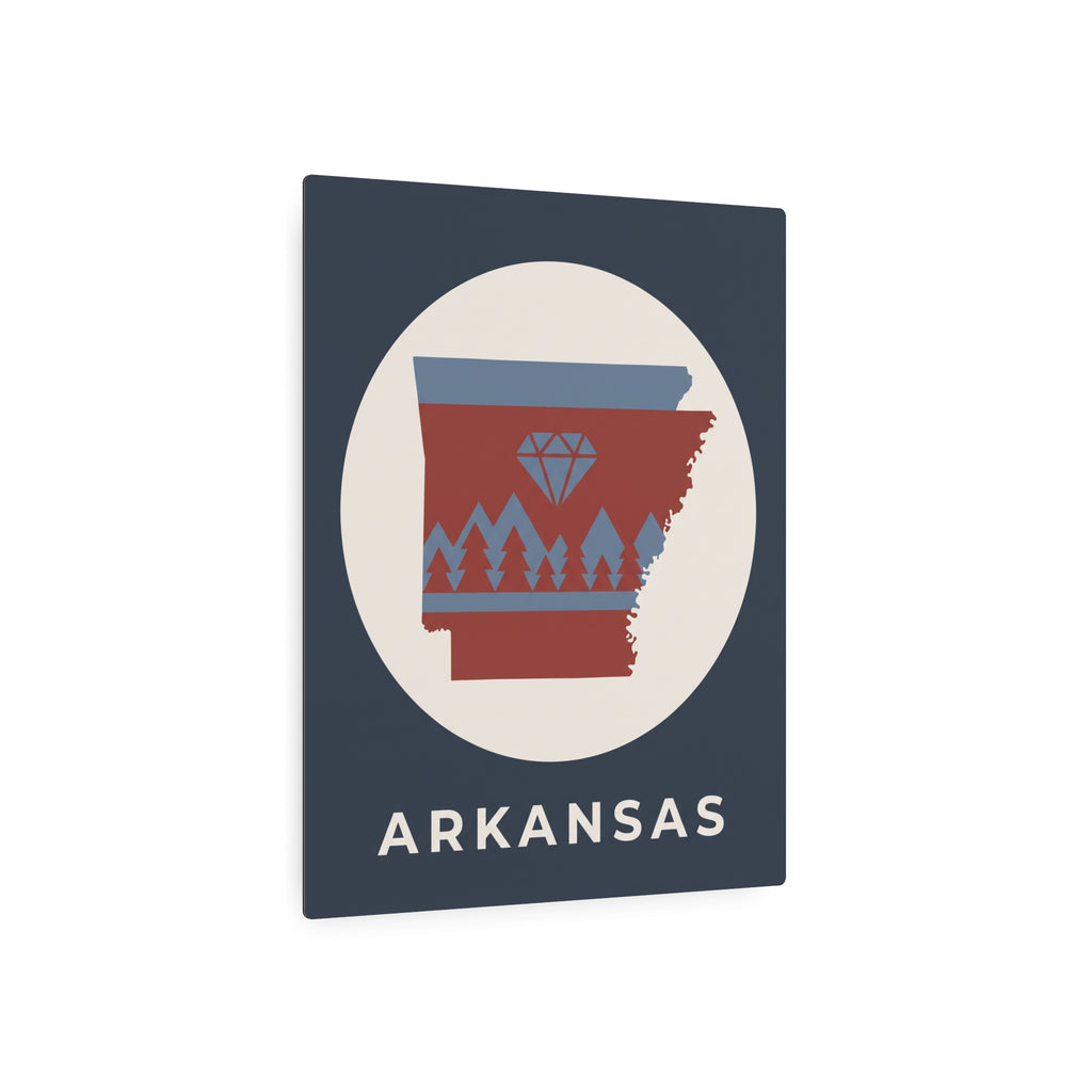Arkansas metal art sign, dark blue square with circular emblem and “ARKANSAS” text