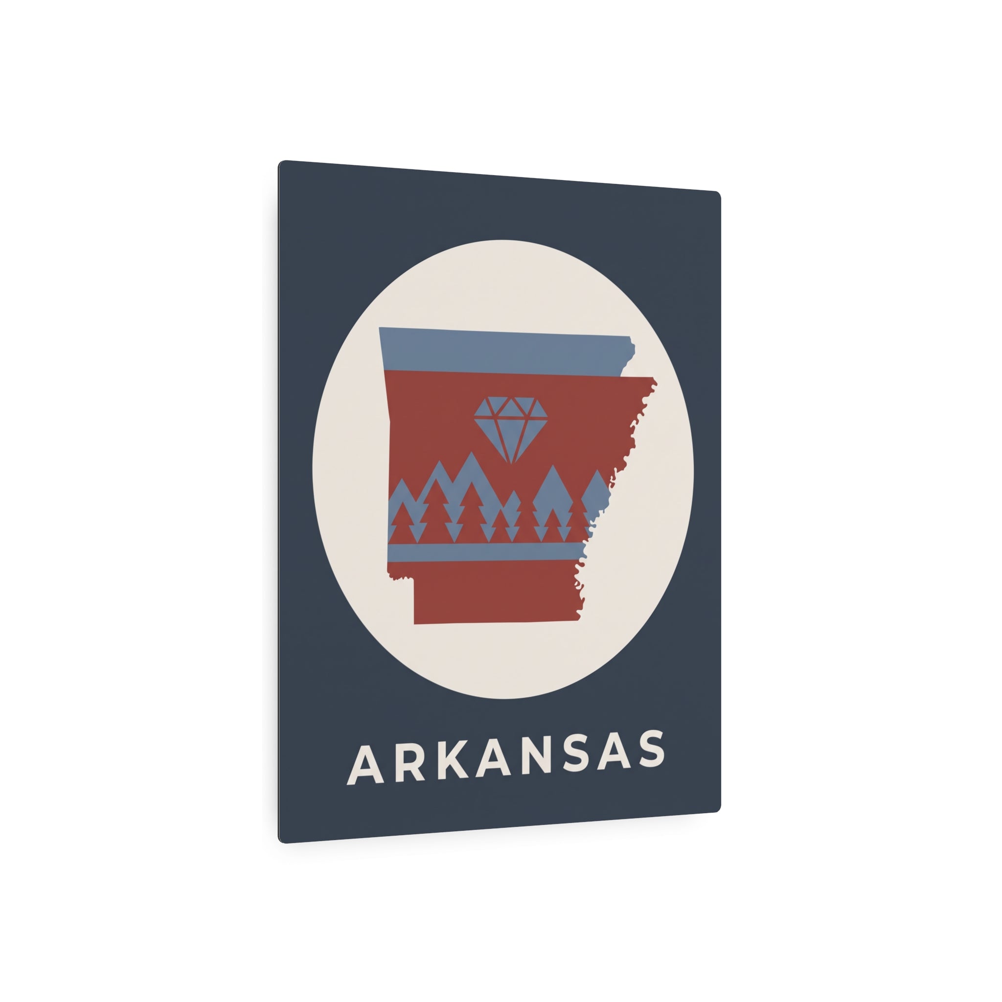 Arkansas metal art sign, dark blue square with circular emblem and “ARKANSAS” text
