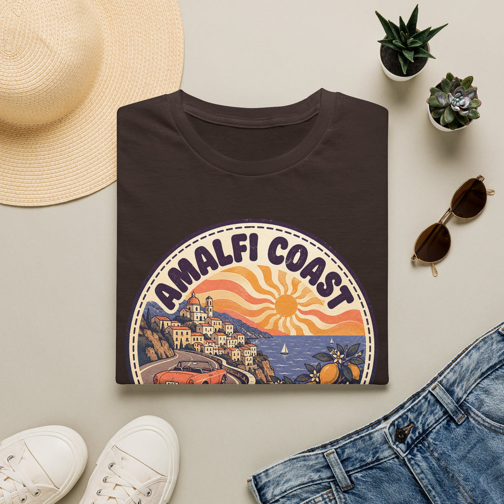 Dark chocolate crewneck t-shirt with Amalfi Coast vintage sunset graphic on the chest